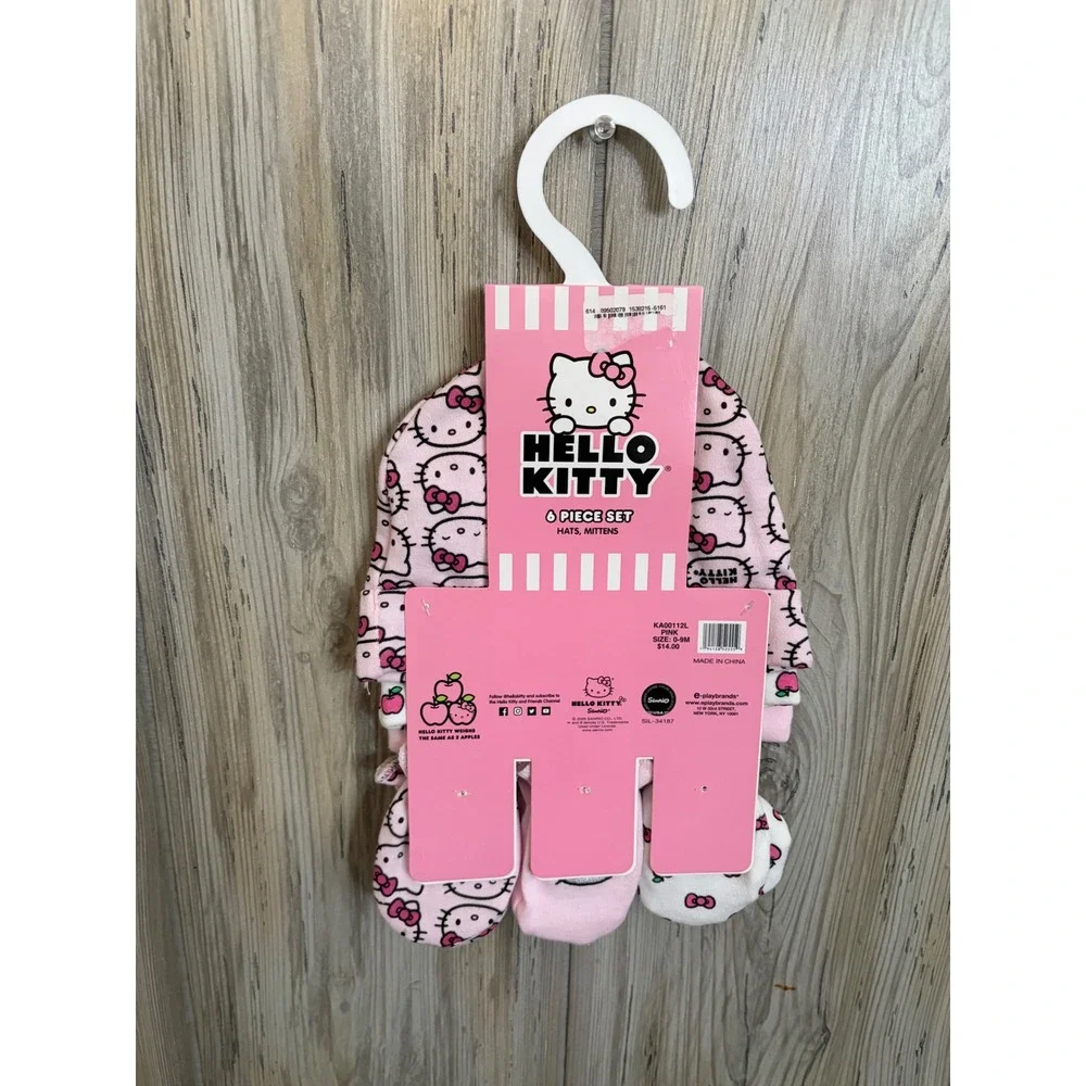 Hello Kitty Infant 6 Piece Set Hats and Mittens Pink White Sanrio 0-9M